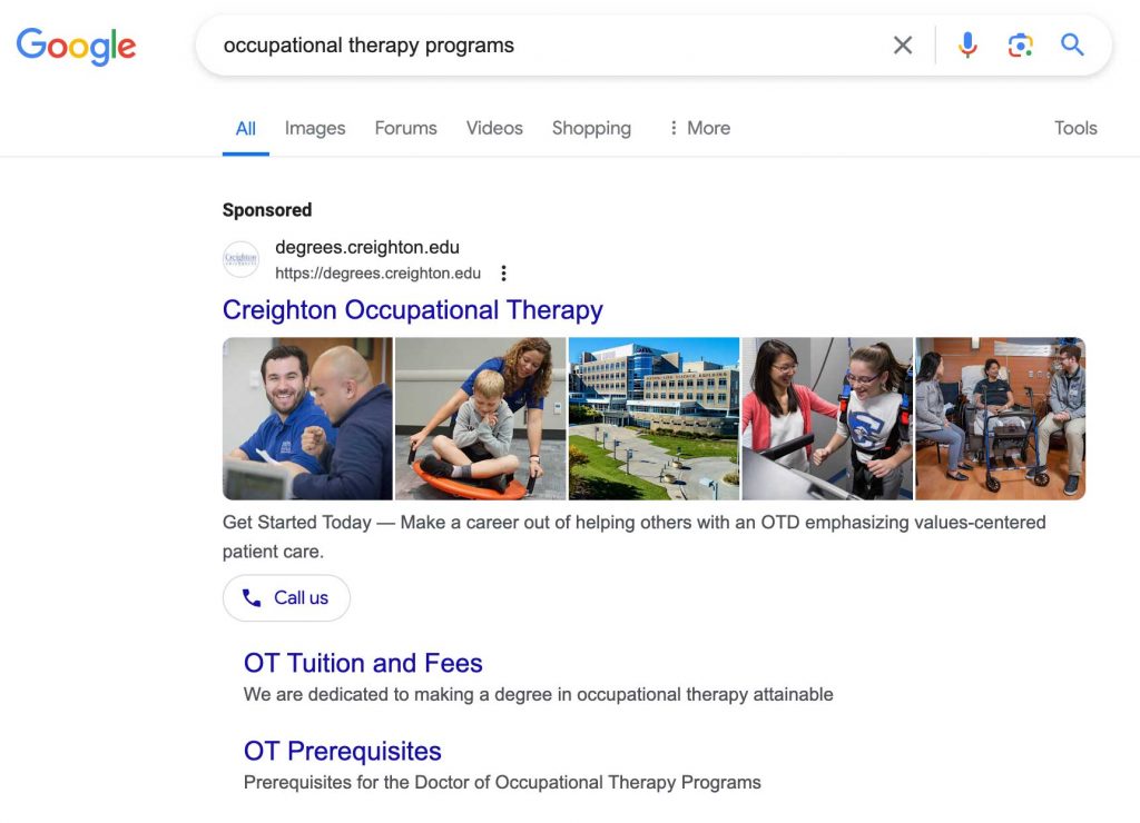 Occupational therapy paid search ad